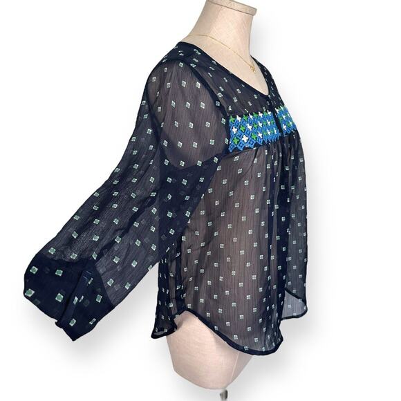 HOLLISTER Boho Style Chiffon Sheer Aztec Blouse Top Green Cover Up Blue Medium - Picture 3 of 10